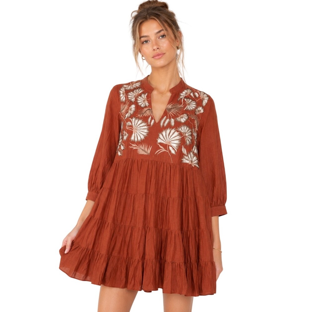 Anthropologie Samant Chauhan Apolline Rust Orange Embroidered Boho Dress XS